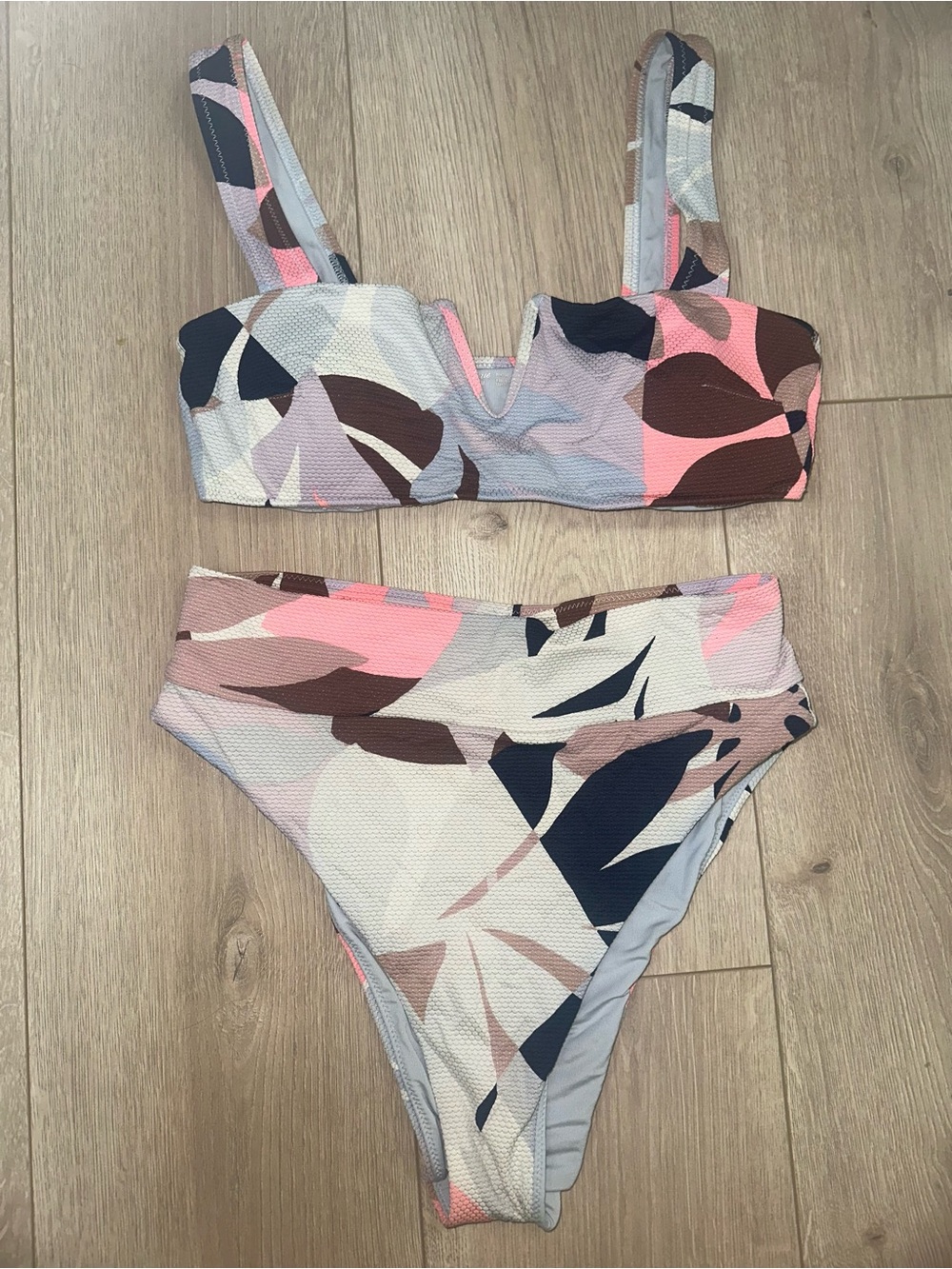 aerie Abstract Leaf Print Bikini Set in Pink, Navy & Brown